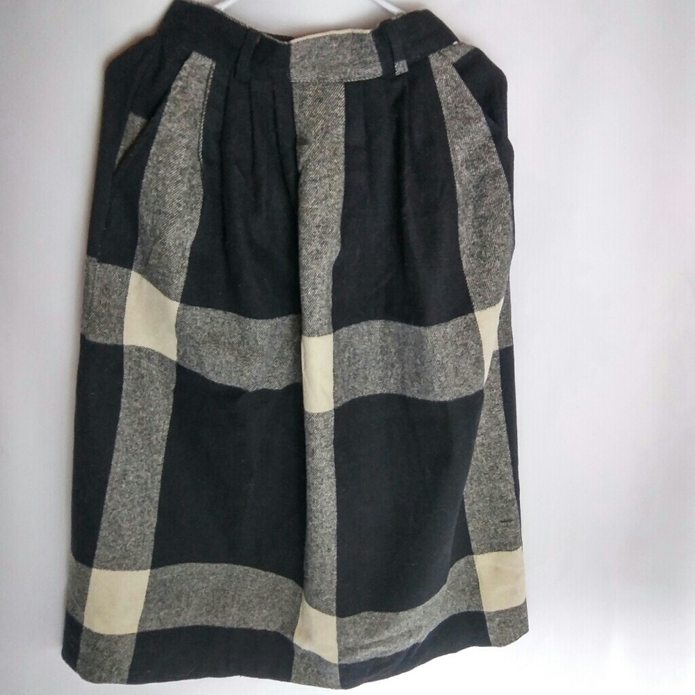 Greenbriar Black Grey Cream Plaid Wool Long Skirt